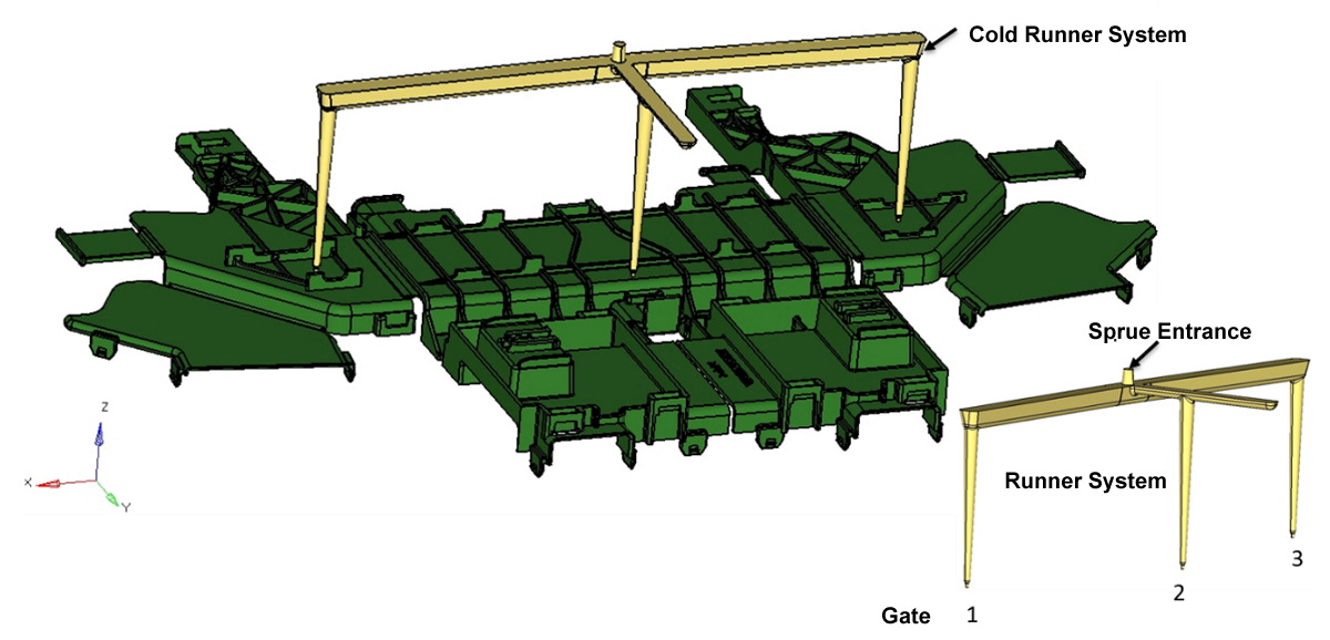 Based on the best practice of tool design, there should be a gate every 120 mm to ensure proper flow. Initially, STANLEY Engineered Fastening selected three valve gates, but they needed to determine their locations for optimal performance. During the plastic injection molding, the filling process is very critical. Short shot occurs if the proper gating locations are not selected. To overcome this issue, the STANLEY team used Moldex3D to verify the gate contribution and adjusted the gate locations accordingly.